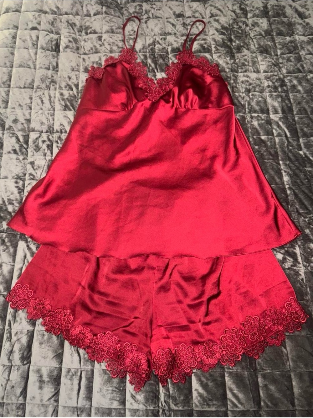 Red Satin Lace Cami & Short Sleep Set